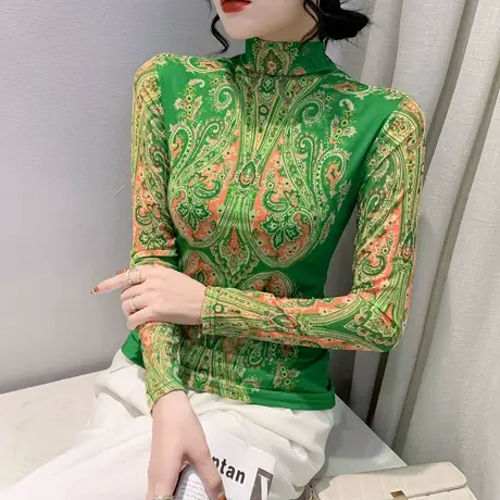 复古印花网纱打底衫女秋冬内搭洋气半高领上衣设计感修身长袖T恤图片