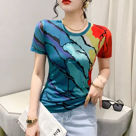 拼色印花短袖T恤女2023夏装新款时尚网纱圆领上衣显瘦减龄小衫ins商品大图