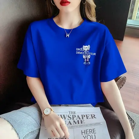 今年流行克莱因蓝短袖T恤女夏季2023新款纯棉宽松小熊印花上衣ins商品大图