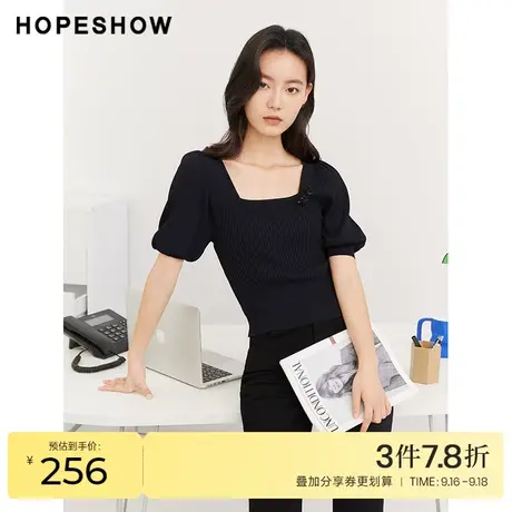 红袖outlets泡泡袖针织衫hopeshow2023秋季新款女装方领短袖上衣商品大图