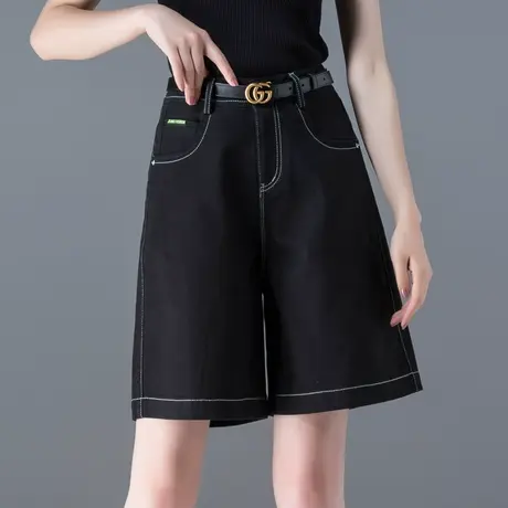 黑色牛仔短裤女新款夏季薄款高腰a字宽松大码5分中裤阔腿五分裤夏商品大图