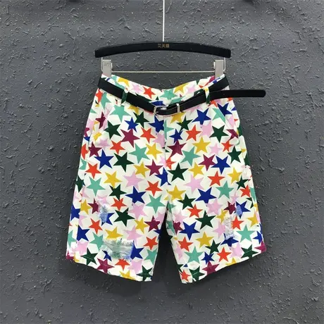 网红同款星星休闲牛仔五分裤夏季破洞高腰短裤2023新款直筒中裤潮图片