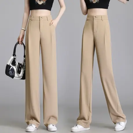 卡其色窄版阔腿裤女2023年夏季新款小个子拖地裤高腰垂感直筒裤子商品大图