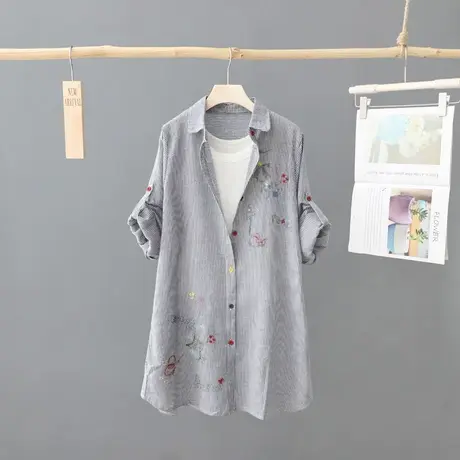 夏装2023年新款中长款条纹刺绣长袖衬衫女宽松休闲薄外套开衫上衣商品大图