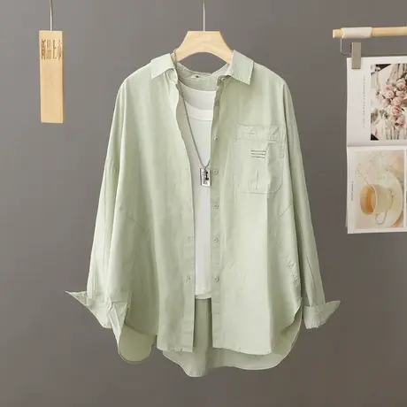 慵懒风绿色洋气外搭衬衫女长袖宽松上衣春秋季新品百搭衬衣外套潮图片