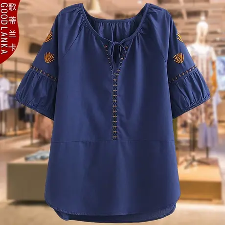 母亲节妈妈装短袖上衣洋气时尚夏装新款加肥加大码女棉麻绣花小衫商品大图