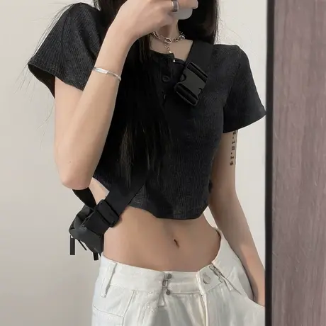 夏季灰色显瘦纯棉短袖V领T恤女设计感小众短款漏脐辣妹BM上衣ins图片