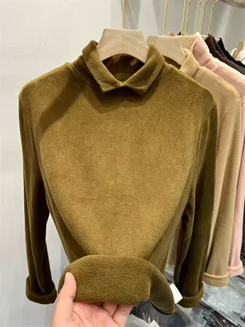 姜黄色双面德绒高领打底衫女冬2022新款加绒厚长袖T恤内搭针织衫商品大图