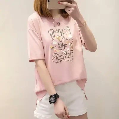软妹夏季上衣女新款韩版2023宽松印花短袖T恤女半袖韩系chic体恤图片