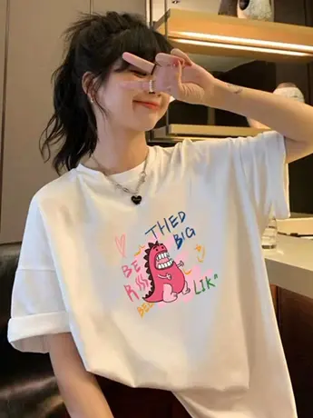 仿棉印花短袖t恤女2023超火韩版宽松设计感小众慵懒风ins上衣服图片