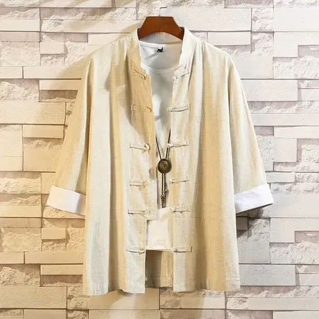 新中式男士七分袖衬衫夏季唐装男中国风盘扣中式亚麻短袖衬衣禅服商品大图