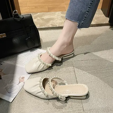 凉拖鞋女外穿2023新款法式晚风包头半拖鞋粗跟珍珠小众仙女穆勒鞋商品大图
