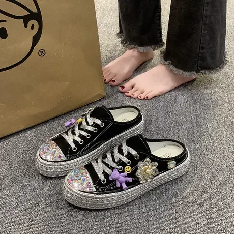 欧洲站无后跟半拖鞋女2023夏季新款懒人水钻甜美休闲风包头帆布鞋图片