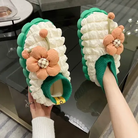 泡芙棉拖鞋女冬季保暖包跟可爱室内家居外穿厚底踩屎感加绒月子鞋商品大图