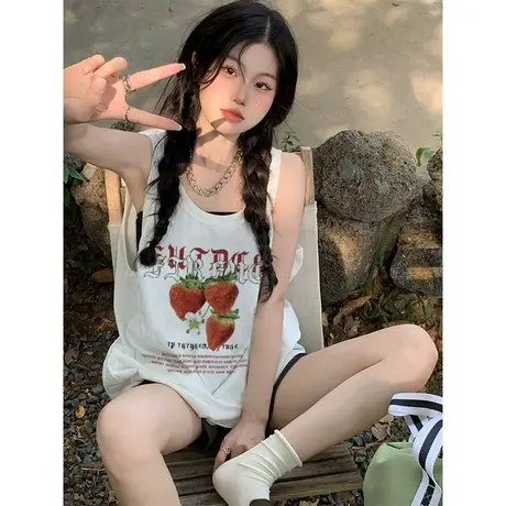 纯棉吊带运动坎肩背心无袖t恤女夏季外穿篮球服宽松港风挂脖上衣图片