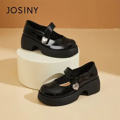Josiny/卓诗尼乐福鞋女2024新款高级感单鞋黑色小皮鞋英伦风粗跟商品大图