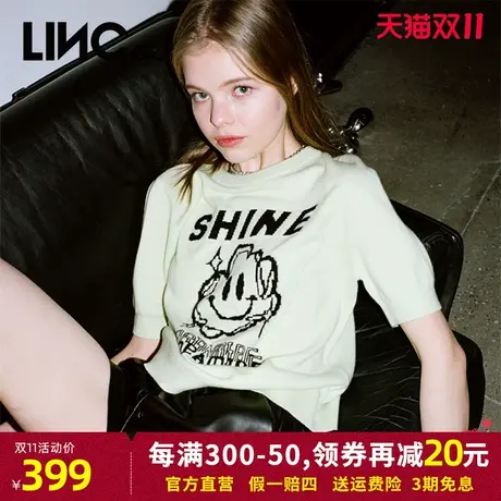 LINC金羽杰短袖针织衫女2023年秋季新款提花羊毛套头女士短款毛衣商品大图