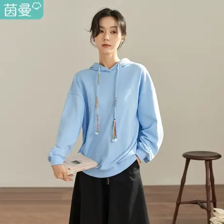【商场同款】茵曼秋女装新款编织帽绳小落肩连帽宽松套头卫衣图片