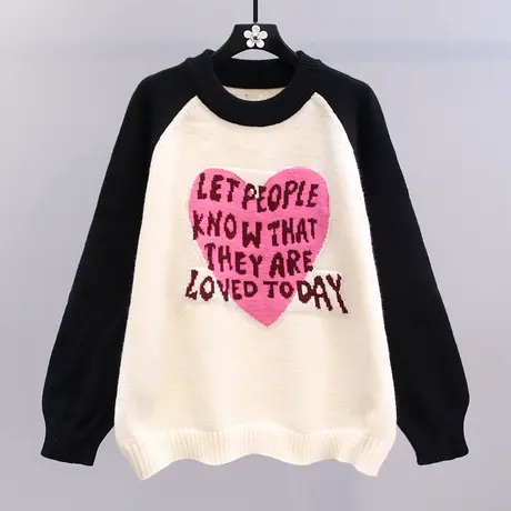 拼色爱心字母毛衣女秋冬2023新款韩版宽松慵懒风时尚洋气针织上衣商品大图
