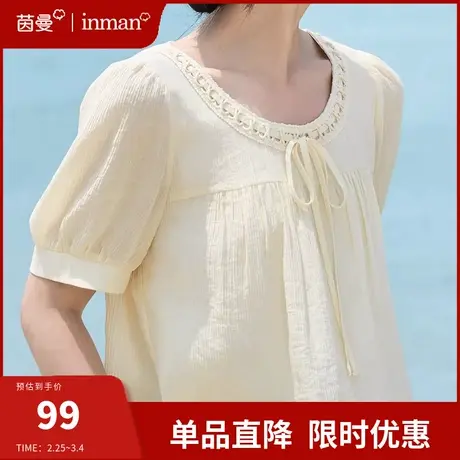 茵曼旗舰店法式系带短袖衬衫女宽松百搭垂感上衣夏季2024新款衬衣图片