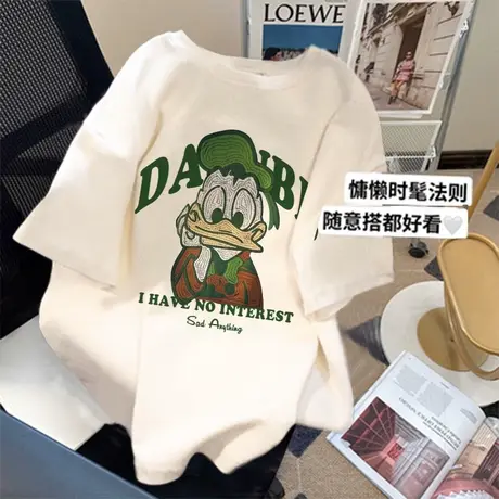 白色t恤短袖女胖mm大码显瘦纯棉ins潮美式复古卡通印花设计感上衣商品大图