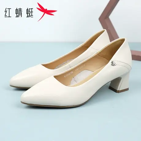 红蜻蜓女鞋2025春季真皮尖头浅口单鞋女粗中跟上班通勤职场工作鞋商品大图