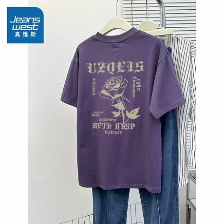 G2真维斯女装短袖上衣 2025春季新款纯棉女款圆领印花宽松短袖T恤商品大图