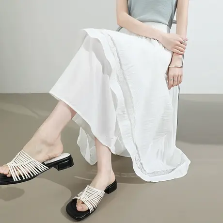 白色蕾丝拼接半身裙女夏季薄款宽松休闲a字中长款内衬防走光伞裙图片