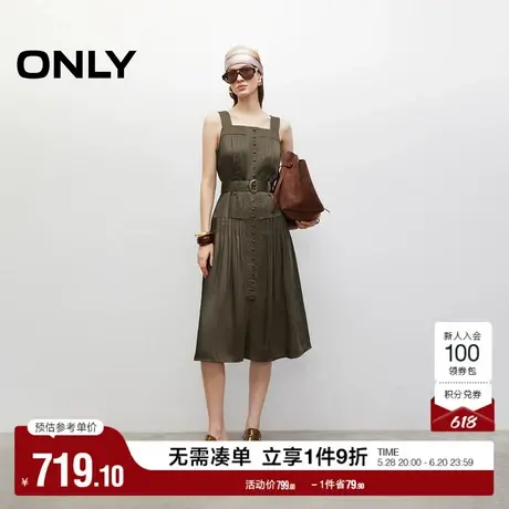 ONLY2025夏季新款复古缎光面料方领无袖收腰中长裙百褶连衣裙女图片