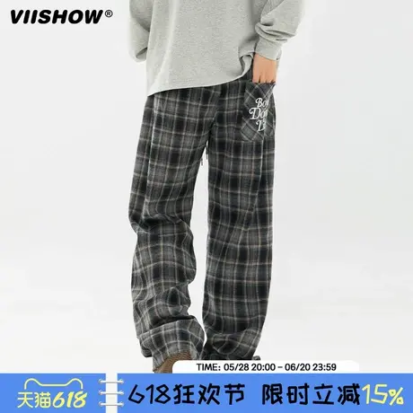 VIISHOW复古磨毛格子休闲裤男春款口袋绣花卫裤宽松直筒廓形长裤商品大图