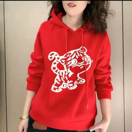 2023春季新款连帽加绒加厚卫衣本命年抽绳上衣女秋冬百搭宽松欧货商品大图