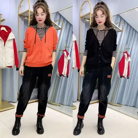 2023秋冬装新款连帽假两件卫衣+贴布休闲老爹裤两件套小个子套装图片