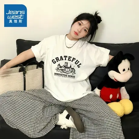 KMV真维斯纯棉正肩白色宽松短袖t恤2025新款女士夏季圆领显瘦上衣商品大图