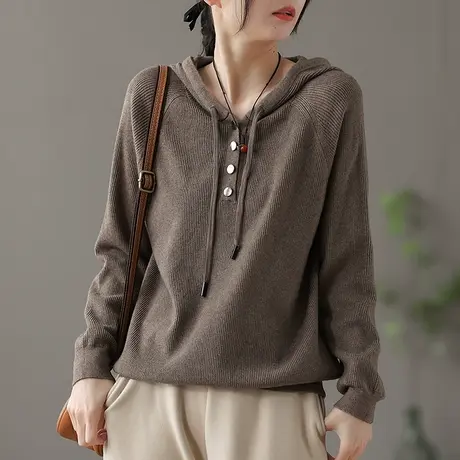 dza 复古连帽棉线针织衫女士秋冬新款内搭毛衣打底衫宽松短款上衣图片