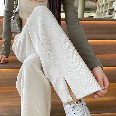 白色开叉灯芯绒窄版阔腿裤女秋冬季高腰垂感直筒欧棉绒休闲针织裤商品大图