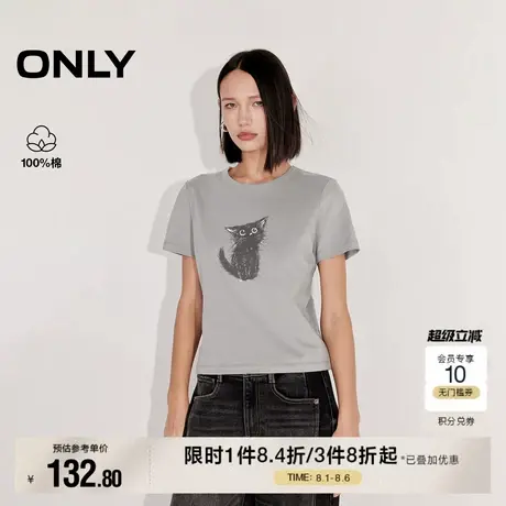 ONLY2025夏季新款可爱小猫印花纯棉透气多巴胺圆领短袖正肩T恤女图片