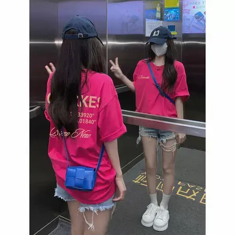复古火龙果色短袖T恤夏季设计感小众多巴胺彩色穿搭落肩大版上衣商品大图