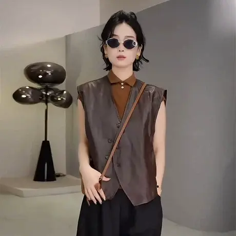 V领皮衣马甲外套女秋季2025新款宽松显瘦不规则无袖pu皮坎肩上衣商品大图