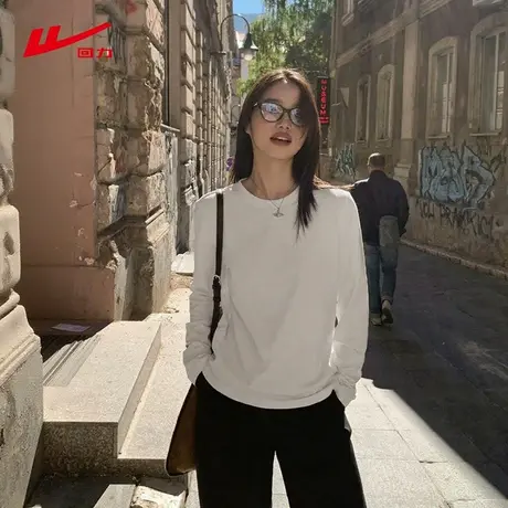 ZH回力长袖t恤女2025新款纯棉宽松透气春秋百搭高级感正肩上衣商品大图