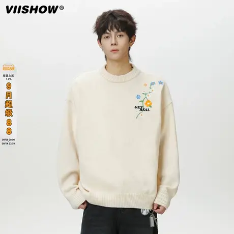 VIISHOW花卉刺绣圆领针织衫毛衣男内搭上衣痞帅加厚情侣休闲外套商品大图