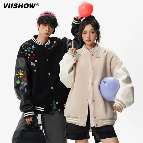 VIISHOW美式潮牌花卉刺绣拼接棒球服男秋季复古宽松情侣夹克外套商品大图