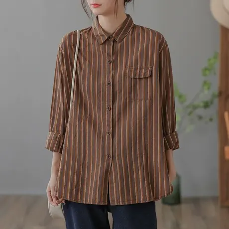 dza 复古竖条纹翻领亚麻上衣女春秋新款宽松显瘦衬衫休闲棉麻衬衣商品大图