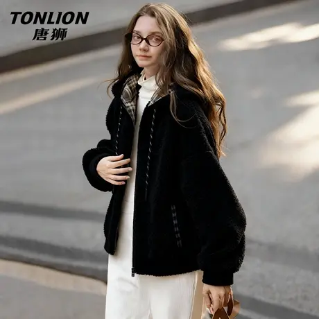 唐狮官方黑色加绒外套女2026新款冬季加厚保暖羊羔绒开衫上衣女VB图片