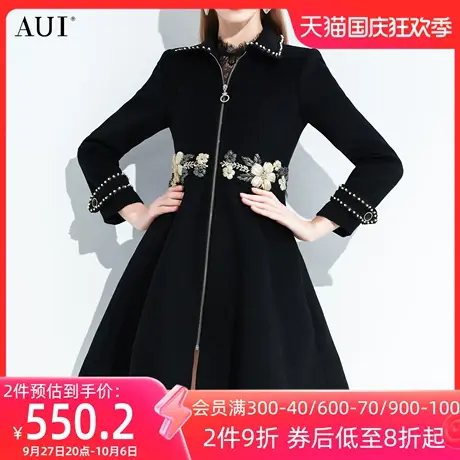 AUI时尚复古黑色赫本风外套女冬2023新款小个子中长款呢子大衣厚商品大图