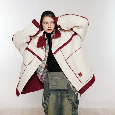 潮牌复古机车风棉服女加厚冬季羊羔毛外套2023年新款拼接宽松棉衣商品大图