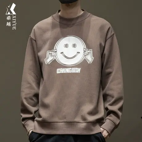 希越笑脸印花精梳棉重磅卫衣男春秋款无帽小圆领宽松大码内搭打底商品大图