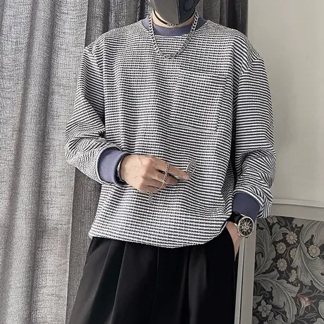 春秋季撞色条纹卫衣男学生内搭上衣潮长袖打底衫T恤圆领休闲外套商品大图