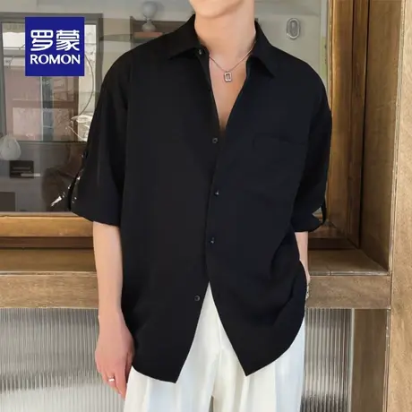 罗蒙短袖衬衫男士2023夏季薄款潮流时尚衬衣港风宽松休闲纯色上衣商品大图