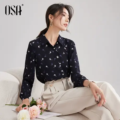OSA欧莎 长袖印花雪纺衬衫女秋装2022年新款设计感小众衬衣上衣商品大图