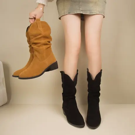 长筒靴女2023春秋新款法式堆堆复古西部牛仔靴粗跟v口高筒骑士靴商品大图